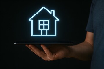 Poster - Person Holding Tablet with Floating Home Icon on Dark Background