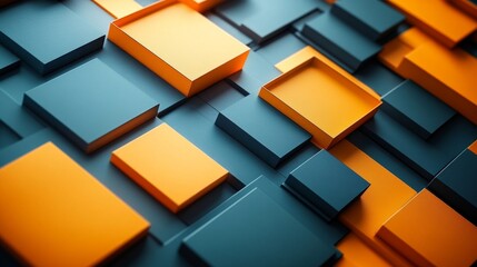Poster - Three-Dimensional Arrangement of Orange and Blue Rectangular Shapes Creating an Abstract Geometric Design
