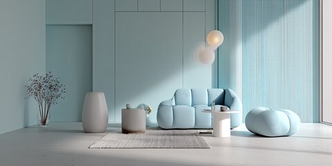 Aufkleber - Minimalist Design with Soft Pastel Blue and White Shapes on Smooth Surface for Modern Interior and Creative Conceptual Presentation