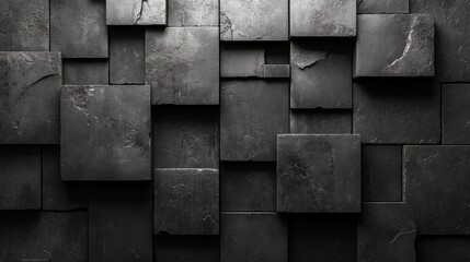 Poster - Dark Volumetric Stone Tiles: A Modern Architectural Wall Texture with Dynamic Depth and Industrial Aesthetic for Backgrounds