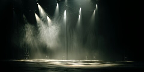 Poster - Dramatic Dark Stage with Soft Light Rays and Eerie Atmosphere Perfect for Performance, Photography, Theater, and Creative Presentations