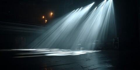 Poster - Dramatic Dark Stage with Soft Light Rays and Eerie Atmosphere Perfect for Performance, Photography, Theater, and Creative Presentations
