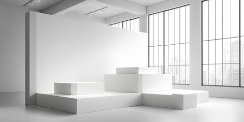 Poster - Minimalistic white display platforms in a bright, empty space, ideal for product showcases, branding presentations, or modern design displays, studio shot