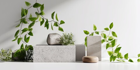 Poster - Minimalist Display of Natural Stone on a Clean White Background Surrounded by Fresh Green Leaves for Artistic and Product Presentation