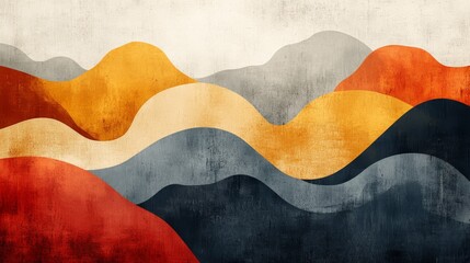 Poster - Textured Serenity: An Abstract Landscape with Earth Tones and Wavy Geometric Forms Depicting Distant Mountains
