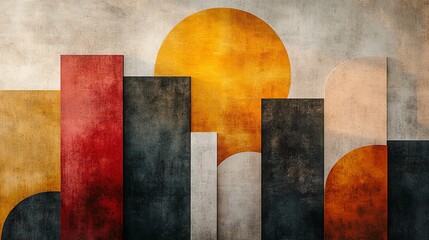Poster - Abstract Geometric Composition with Textured Rectangles and Circle Sun Design Backdrop