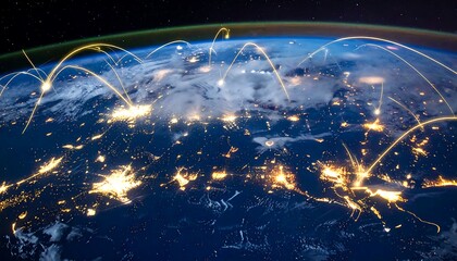 Poster - Golden Network Lines Over City Map at Night,connection, aerial view, abstract, communication, technology, concept, datum, city, backgrounds, big data, cloud computing,