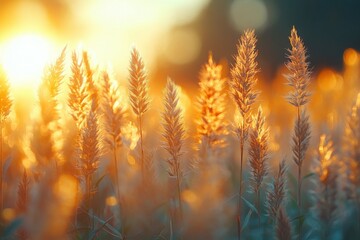 Wall Mural - Golden Sunlight on Tall Grass in a Field at Sunset: A serene and warm nature scene