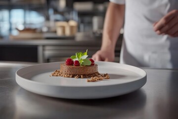 Poster - Chocolate pudding is elegantly presented on a white plate with red decorative balls and green leaves, all set in a well-lit kitchen environment