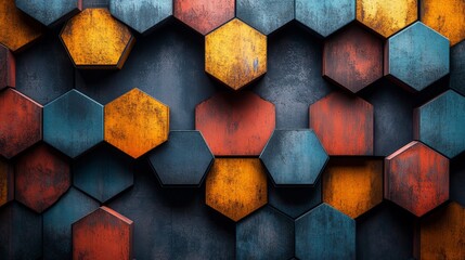 Poster - Abstract geometric background with multi-colored, textured hexagons creating a visually dynamic pattern