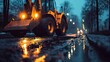© Rere_Art151 - A yellow construction vehicle works on a wet and reflective street