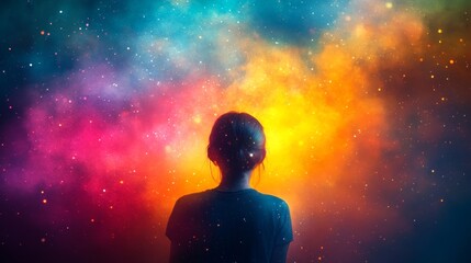 Wall Mural - Silhouette of a person stands embraced by a cosmic nebula of stars and vibrant colors sparking wonder and introspective reflection in the cosmos