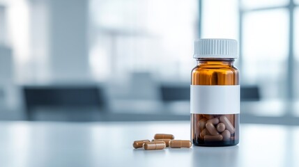 Poster - Pill bottle is prominently displayed with a clear label and several capsules nearby