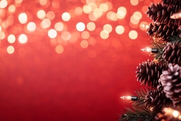 Aufkleber - Red background features subtle bokeh effects and pinecones, creating a warm and inviting atmosphere ideal for holiday-themed marketing or seasonal messages