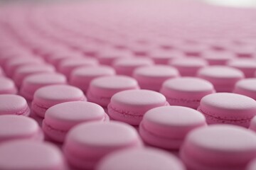 Poster - Close-up of a seamless pattern featuring pink macarons on a solid pastel background, radiating a sense of sweetness and elegance for various uses