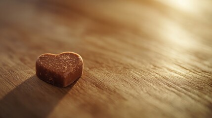 Poster - Heart-shaped chocolate piece rests on a wooden surface, illuminated by soft light showcasing its details, perfect for romantic occasions or sweet treats