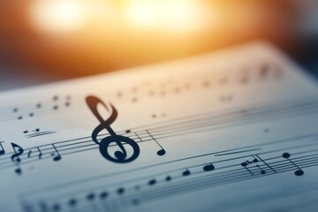 Poster - Focusing on a treble clef, the composition showcases the beauty of musical notation with blurred sheet music in the background, allowing copy space for text