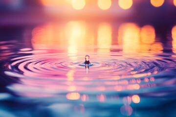 Poster - A striking water drop captures colorful neon reflections, creating dynamic patterns surrounded by a soft bokeh effect, perfect for artistic use and designs