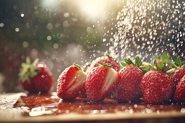 Aufkleber - Juicy strawberries are freshly sliced on a wooden board, with droplets of juice sparkling in warm light, showcasing the vibrant red fruit and natural wood grain