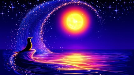Wall Mural - Astral contemplation a dreamy seascape illustration evokes a sense of calm with luminous orbs and otherworldly figures adding a touch of fantasy