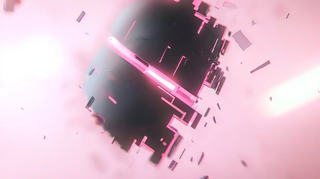 Pink and Black Abstract Geometric Structure with Glowing Lines