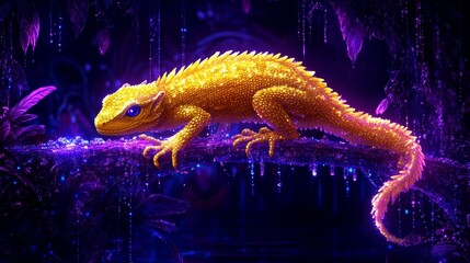Wall Mural - An artistic rendering of a golden lizard against a galactic background conveying fantasy wildlife and exotic pet aesthetics in digital art