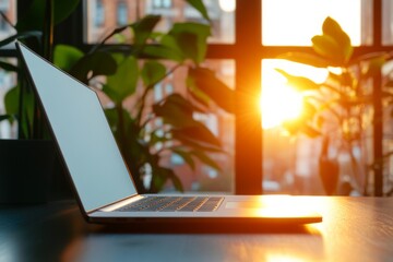Poster - Sleek laptop open on a modern desk as warm sunlight filters through large windows, creating a cozy atmosphere in a stylish office environment