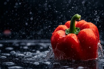 Aufkleber - A bright red pepper plunges into water, sending droplets flying and capturing the essence of freshness and vibrancy with dynamic movement