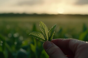 Poster - A hand gently grasps a fresh leaf adorned with water droplets, set against a lush green meadow, conveying a sense of renewal and tranquility at sunset
