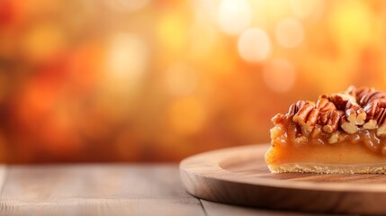 Poster - Delicious slice of pecan pie with glistening caramelized nuts on a rustic wooden plate surrounded by a warm, autumnal backdrop of fallen leaves