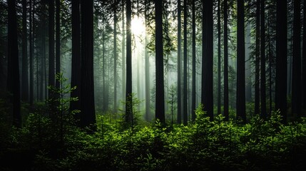  The Sunlight Peeking Through the Tall Trees in a Dark Forest