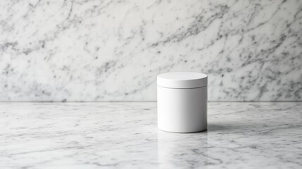 Aufkleber - A white ceramic jar with a lid sits on a marble countertop, accented by soft shadows. The composition allows for ample copy space, emphasizing simplicity