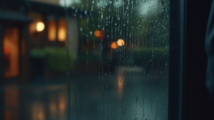 Aufkleber - Raindrops slide down a glass window while a blurred green garden offers a serene backdrop, creating a perfect ambiance for a rainy day with space for text