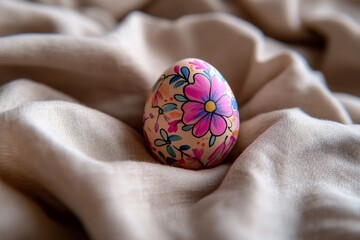 Aufkleber - A single, colorful Easter egg decorated with delicate flowers rests on smooth, pastel fabric, symbolizing the beauty and renewal of the spring season