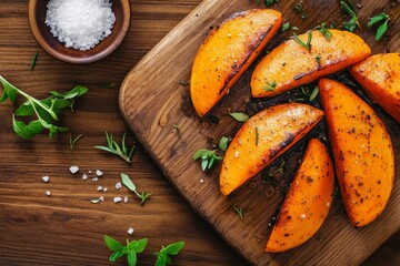 Poster - Close-up view of roasted pumpkin wedges drizzled with olive oil and herbs, enhancing the organic vibe on a rustic wooden board with sea salt
