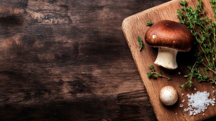 Poster - A royal champignon mushroom sits elegantly on a rustic cutting board, surrounded by fresh thyme and coarse salt, offering an inviting display with ample space for text