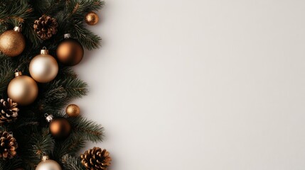 Poster - Golden Christmas baubles and pinecones create a decorative border on a white background, offering copy space for holiday greetings and messages