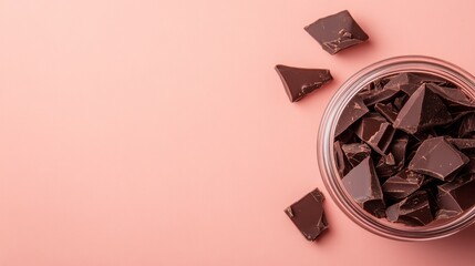 Poster - A glass jar holds an assortment of dark chocolate pieces, placed against a pale lavender surface. Soft shadows enhance the texture, creating a delicate visual appeal