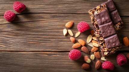Poster - Close-up view of a granola bar topped with dark chocolate, almonds, and fresh raspberries, elegantly arranged on a weathered wooden surface with space available