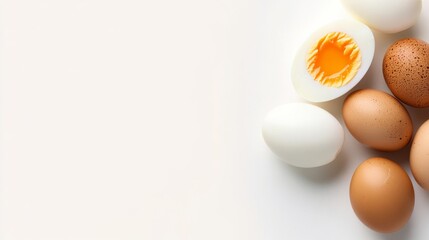 Poster - A neatly sliced boiled egg sits next to whole raw brown eggs on a white background, highlighting simplicity and freshness in the culinary world