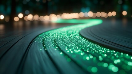 Fototapete - A stream of glowing green particles flows along a curved white path, illuminating the dark background and creating a sense of motion and futuristic energy
