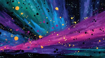 Abstract colorful cosmic background with vibrant splashes of paint and scattered dots in space-inspired design