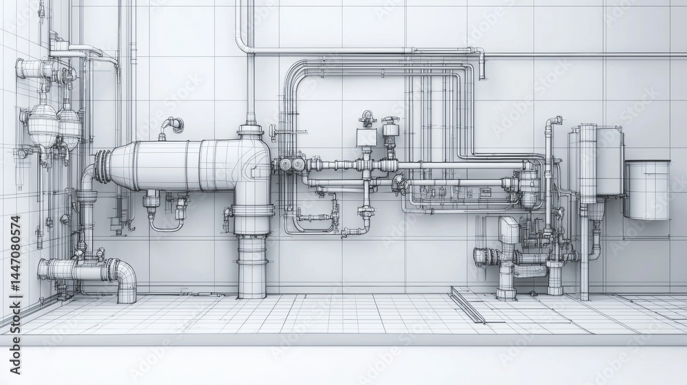 Industrial piping system layout with detailed schematics in a clean ...