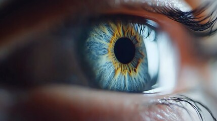 Poster - Close-up view showcasing a stunning human iris with unique patterns in blue and green, highlighting the complexity and depth against softly blurred skin tones