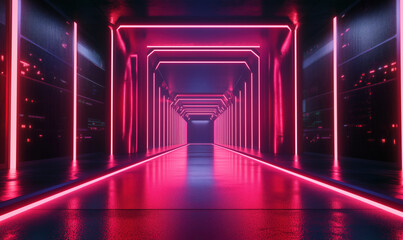 Poster - Futuristic neon corridor with glowing pink lights and reflective floor.