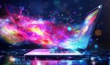 Colorful abstract digital art emerging from laptop showcasing creativity and technology.