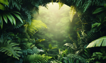 Poster - Lush green foliage framing a serene light-filled opening in a dense forest.