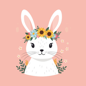 Adorable Cartoon White Bunny Rabbit with Colorful Floral Crown and Botanical Elements on Soft Pink Background, Perfect for Spring and Easter Designs