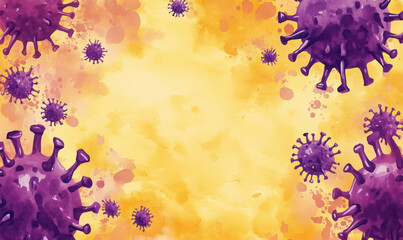Poster - Colorful watercolor background featuring purple virus illustrations on yellow backdrop.