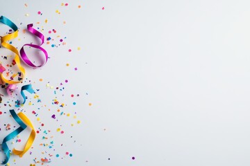 Poster - A vibrant arrangement features a single colorful streamer curling around bright confetti on a crisp white background, leaving space for customized copy text